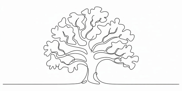 Minimalist black and white line art illustration of a large tree with sprawling roots.