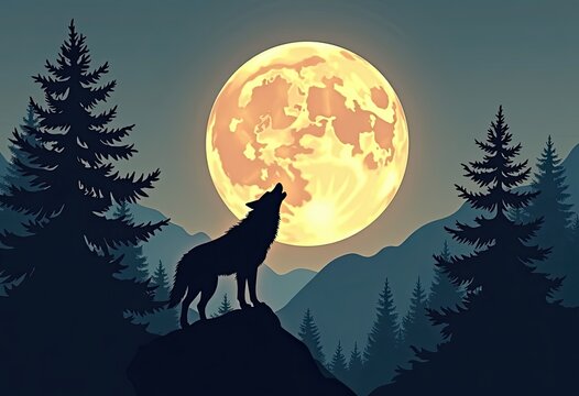 Wolves howl under full moon in forest mountains at night