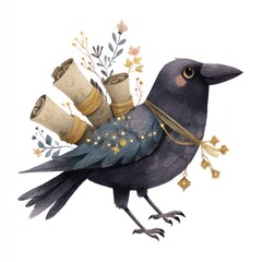 Obraz premium Decorative crow carrying rolled scrolls and floral accents