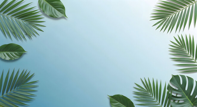 A beautiful tropical background featuring lush green palm tree leaves framing a soft light blue sky for summer design projects