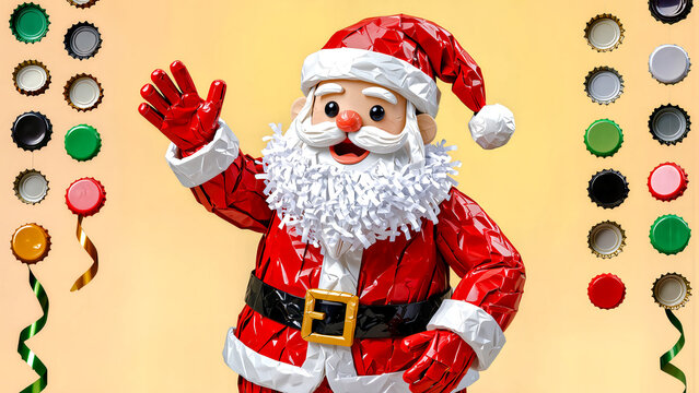 Upcycled Santa Claus figure with shredded paper beard waving hand framed by colorful recycled bottle caps on yellow background, eco friendly Christmas card backdrop.