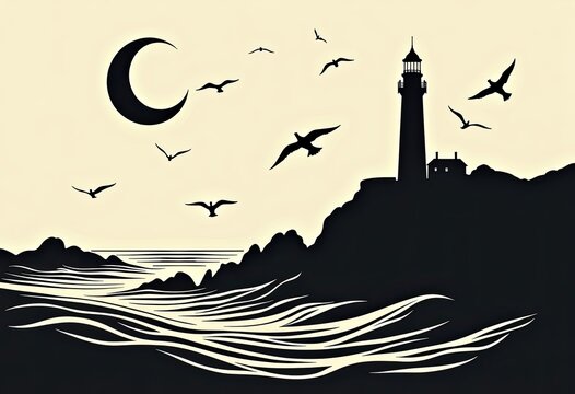 Lighthouse stands tall on cliff as birds fly under crescent moon over ocean waves