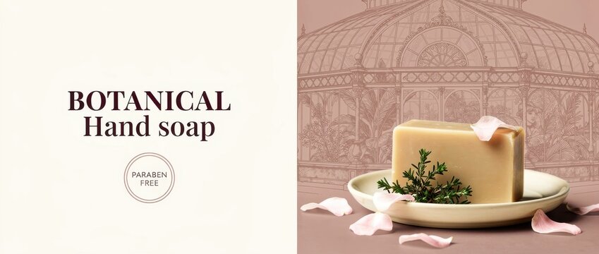 Botanical hand soap bar on ceramic dish with herbal sprigs. Natural paraben-free skin care product with floral petals. Organic cosmetic marketing banner ideal for wellness and spa advertisements.