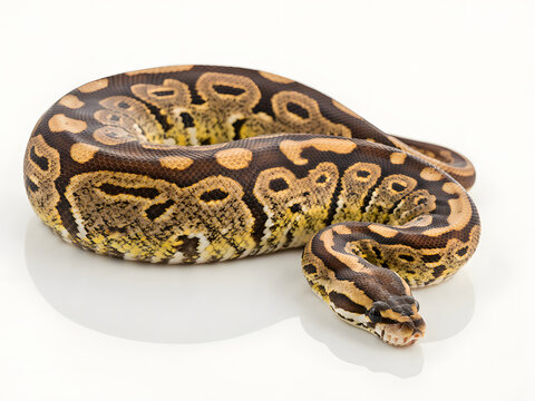 Ball python snake coiled on white background, reptile pet and exotic animal
