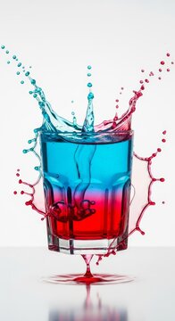 A modern hexagonal glass filled with a bright cyan and ruby red gradient drink floats above a white backdrop with dynamic liquid splashes, clean, splashy, gradient