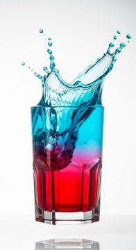 A modern hexagonal glass filled with a bright cyan and ruby red gradient drink floats above a white backdrop with dynamic liquid splashes, motion, refreshment, colorful