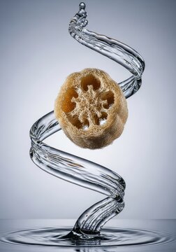 A natural loofah sponge levitates gracefully as a clear, swirling ribbon of water circles it against a minimalist, soft gray background, artistic, hygiene, scrub