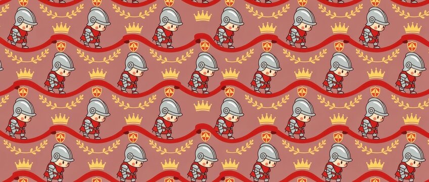 Cute chibi knight pattern with armor and crowns. Seamless repeating illustration featuring medieval warriors, shields, and golden laurels. Fantasy gaming theme ideal for textile and wallpaper.