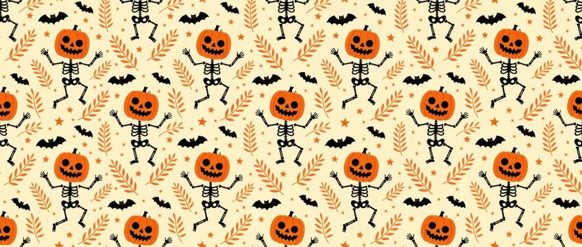 Seamless pattern with dancing skeletons featuring jack-o'-lantern heads. Playful Halloween background with flying bats, stars, and autumn leaves. Spooky holiday concept for textiles and decor.