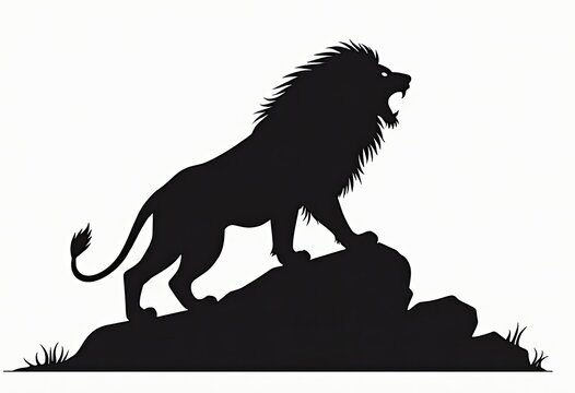 Lion stands proudly on rock roaring fiercely with majestic mane