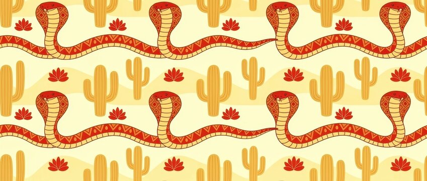 Seamless pattern of red cobra snakes in a desert landscape. Decorative illustration with cacti, sand dunes, and geometric ethnic motifs. Bohemian textile design for wallpaper and fabric prints.