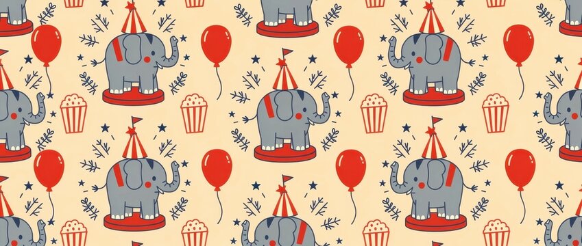 Seamless pattern with cute circus elephants wearing party hats. Hand-drawn illustration featuring balloons, popcorn, and stars in a vintage doodle style. Festive carnival theme for nursery design.