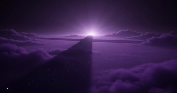 Glowing cross shape rises above soft purple clouds in this cinematic animation video footage 