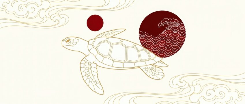 Minimalist sea turtle illustration in traditional Japanese gold line art style. Featuring red circular wave motifs and golden clouds. Elegant Asian heritage concept for luxury cultural branding.