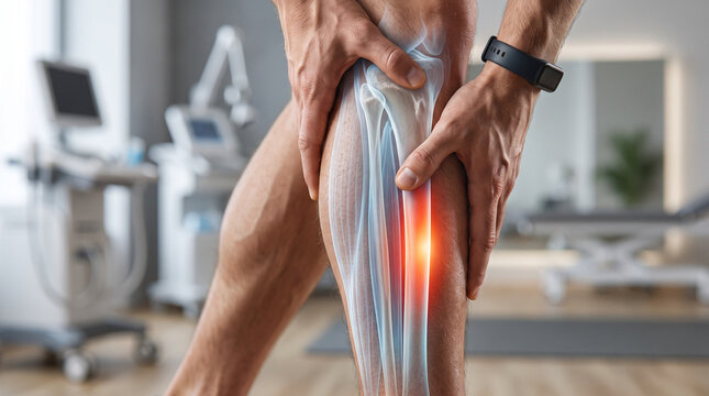 Man Experiencing Lower Leg Pain with Highlighted Musculoskeletal Anatomy in a Clinical Setting