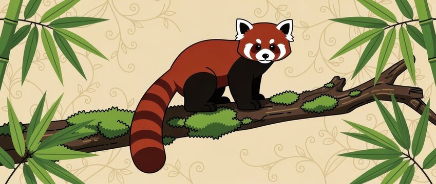 Red panda standing on a mossy branch with bamboo. Stylized wildlife illustration of an adorable animal in nature. Conservation concept for educational materials and posters.