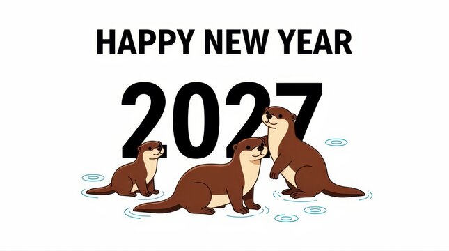 Cute cartoon otters celebrating with large 2027 text. Three brown otters in a playful pose on a clean white background. Festive animal illustration for 2027 greeting cards and marketing campaigns.