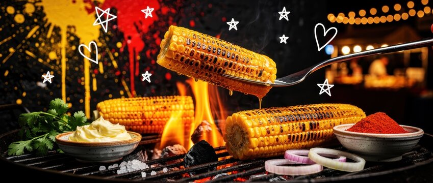 Grilled corn dripping with butter over charcoal grill flames. Roasted maize with spices and sauce at a street food market. Summer BBQ concept for food marketing and festival ads.