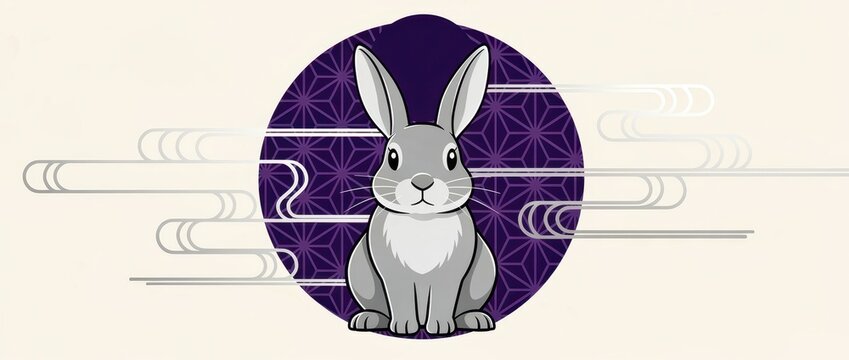 Stylized grey rabbit illustration in front of a purple geometric circle. Traditional Japanese design featuring silver line art clouds and asanoha pattern. Lunar New Year zodiac theme for branding.