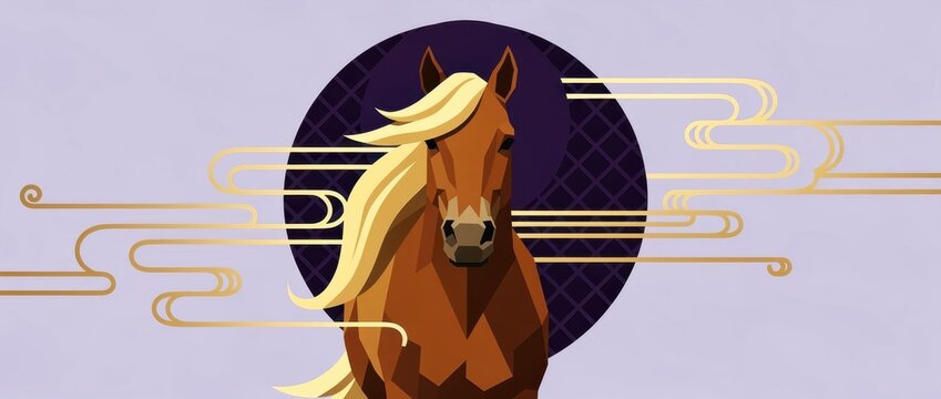 Brown horse portrait with flowing mane in stylized vector art. Artistic geometric design with golden swirls and circular background. Elegant equestrian concept for luxury branding and wall decor.