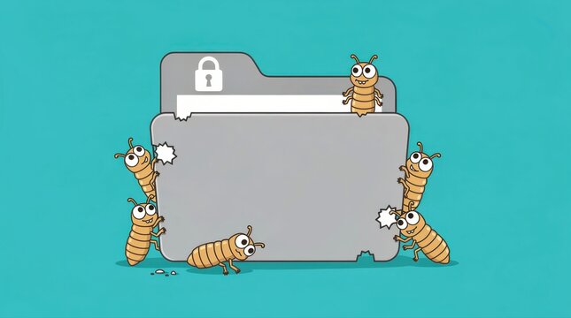 Cartoon insects gnawing on a locked computer folder icon. Digital bugs attacking files on a turquoise background. Malware and cybersecurity breach concept for software error marketing.