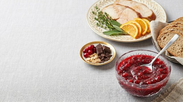 Cranberry sauce in glass bowl with roasted turkey slices and bread. Festive dinner setting for Thanksgiving celebration. Traditional holiday meal preparation on table with copy space.