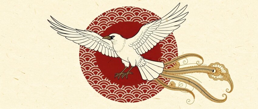 White mythical bird flying before a red patterned sun. Traditional Japanese style illustration on vintage washi paper. Elegant cultural art concept for decorative branding and design.
