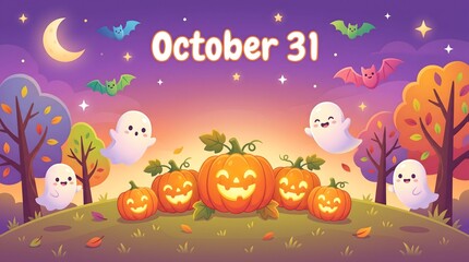 Fototapeta premium Cute cartoon halloween background featuring smiling pumpkins and friendly ghosts under a starry night sky with october 31 text