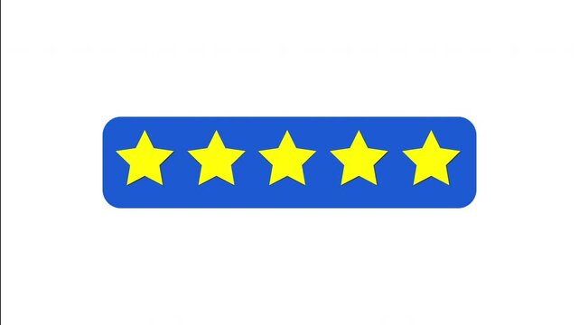 Flat design animation showing customer satisfaction and high quality ranking with 5 yellow golden stars on blue sign. Five star review and rating. 4K Video