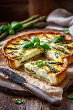 Asparagus Tart with Creamy Filling and Fresh Herbs. AI generative.