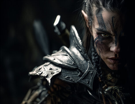 Cinematic portrait of a powerful female orc warrior with green skin and battle scars looking fierce