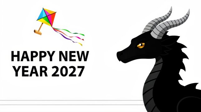 Black dragon with kite and Happy New Year 2027 text. Minimalist vector illustration on white background. Festive celebration theme for seasonal greeting cards and holiday marketing materials.