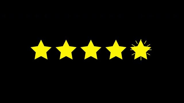 Five golden star rating animation, five stars appearing on black background. Special with rating star icon animation. Review Star animation Customer feedback 5 star rating Motion Graphics. 4K Video.