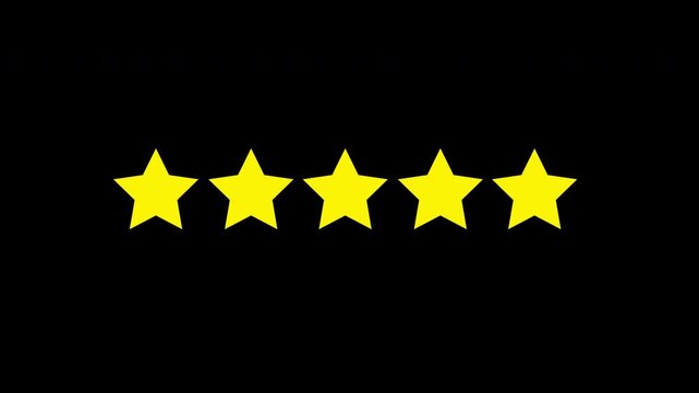 Animated five star rating on a black background. 5 stars rating the quality of product and service. Five Star Rating Animation for Reviews Feedback and Quality Evaluation. 4K Video.