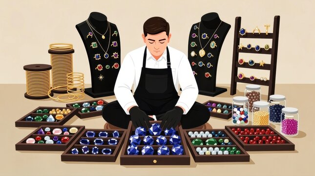 Male jeweler sorting gemstones in an organized workshop. Artisan surrounded by jewelry displays, rings, and necklaces. Luxury business concept for jewelry design and gemology marketing.