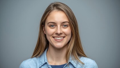 Obraz premium A young woman with long blonde hair smiles warmly against a neutral gray background, wearing a light blue shirt and exuding a friendly and approachable vibe.
