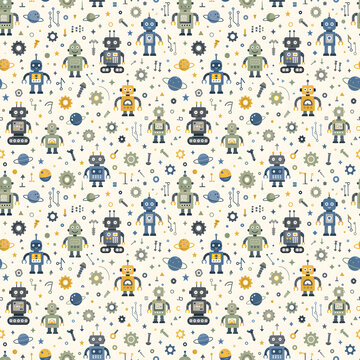 Cute colorful robots seamless pattern with fun retro mechanical characters and gears, tech science background for kids nursery room decor, fabric print, gift wrapping paper, tumbler design