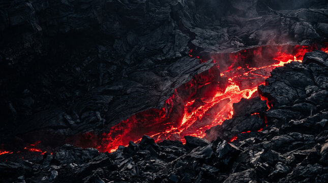 Fondo de presentaci&oacute;n cinematogr&aacute;fico de alta resoluci&oacute;n, superficie de roca volc&aacute;nica oscura con venas de magma carmes&iacute; brillante