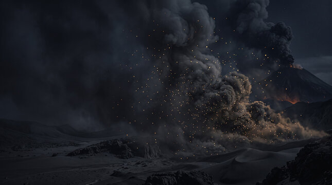 Fondo de presentaci&oacute;n atmosf&eacute;rico de alta resoluci&oacute;n, paisaje de humo de ceniza volc&aacute;nica oscura con brasas doradas flotantes