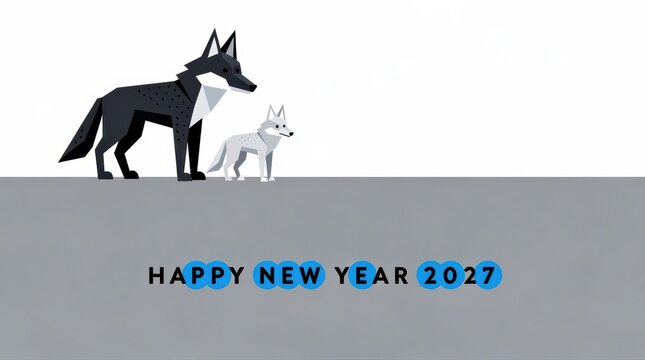 Geometric wolf and pup above Happy New Year 2027 text. Minimalist vector illustration on a flat grey background. Seasonal greeting concept, ideal for holiday marketing and corporate banners.