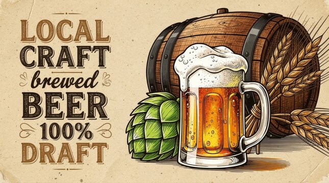 Craft beer glass with foam and wooden barrel illustration. Vintage brewery poster featuring hops and wheat on textured background. Artisanal beer concept for pub menus and tavern marketing.