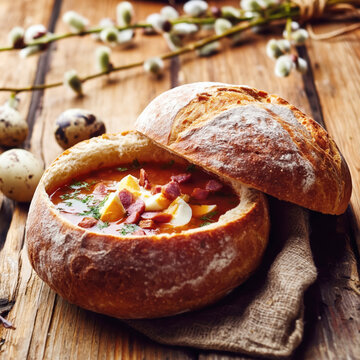 Traditional Polish Żurek Soup Served in Bread Bowl with Sausage and Eggs. AI generative.