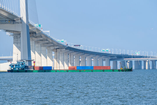 A container ship passing beneath the cross-sea bridge of China's Shenzhen-Zhongshan Link.