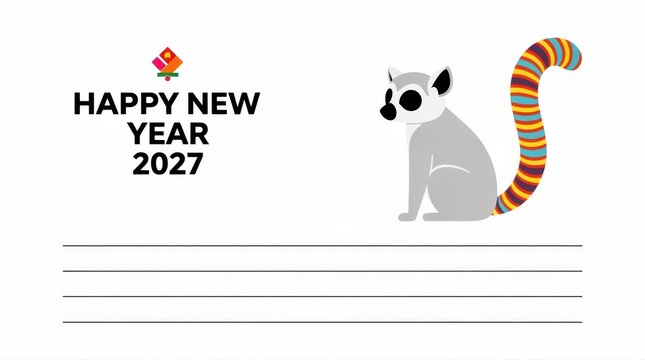 Happy New Year 2027 greeting card with a cute lemur illustration. Flat design animal character featuring a colorful striped tail. Festive stationery template for seasonal holiday wishes.