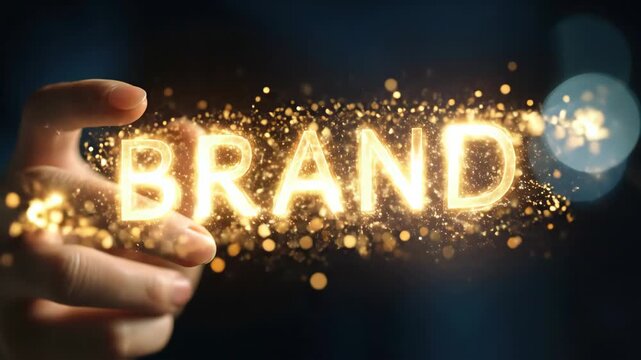 Human hand holding glowing brand text with sparkle effect