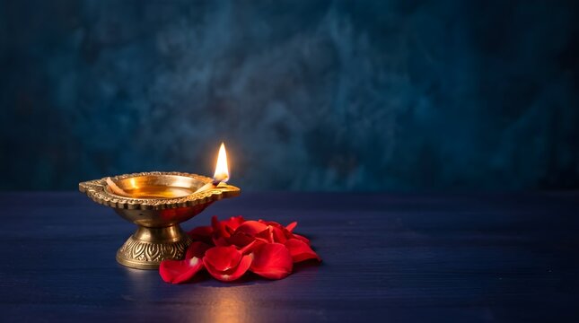 A glowing brass oil lamp diya placed on a wooden surface with scattered red rose petals against a dark blue background