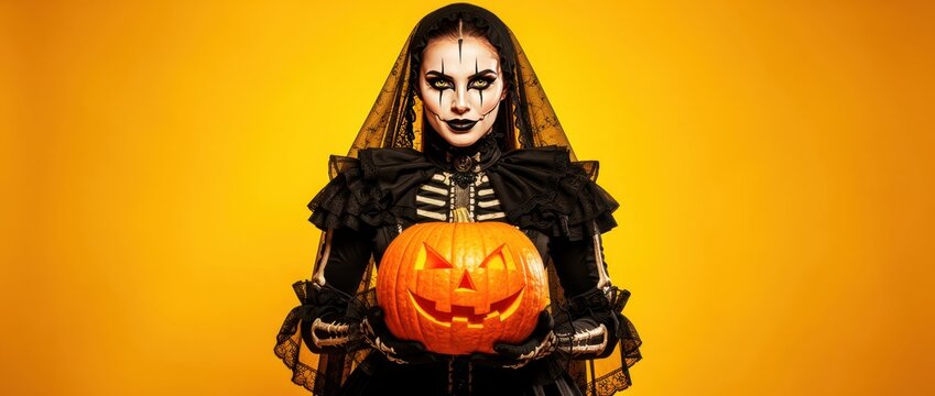 Woman in spooky skeleton bride costume holding a carved pumpkin. Model wearing gothic makeup and black veil against yellow background. Horror fashion concept for Halloween marketing and seasonal ads.