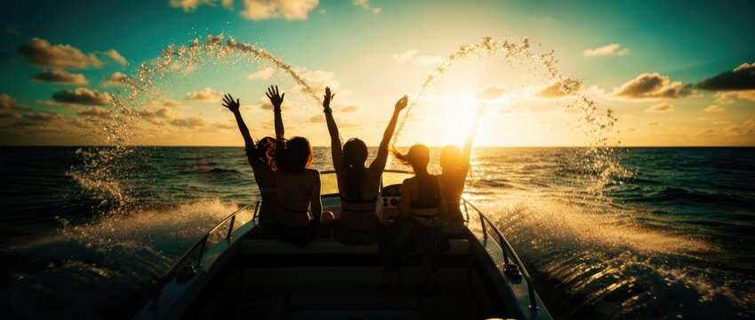 Group of young women cheering on a speedboat at sunset. Friends celebrate with arms raised as water splashes around the boat. Summer vacation theme, perfect for travel and lifestyle marketing.