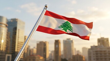 Fototapeta premium Lebanese national flag waving on flagpole against blurred urban city skyline at sunset golden hour