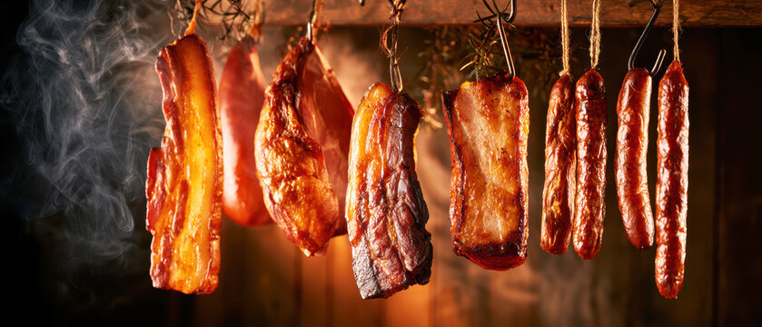 Traditional Smoked Meats Hanging in Rustic Smokehouse &ndash; AI Generative